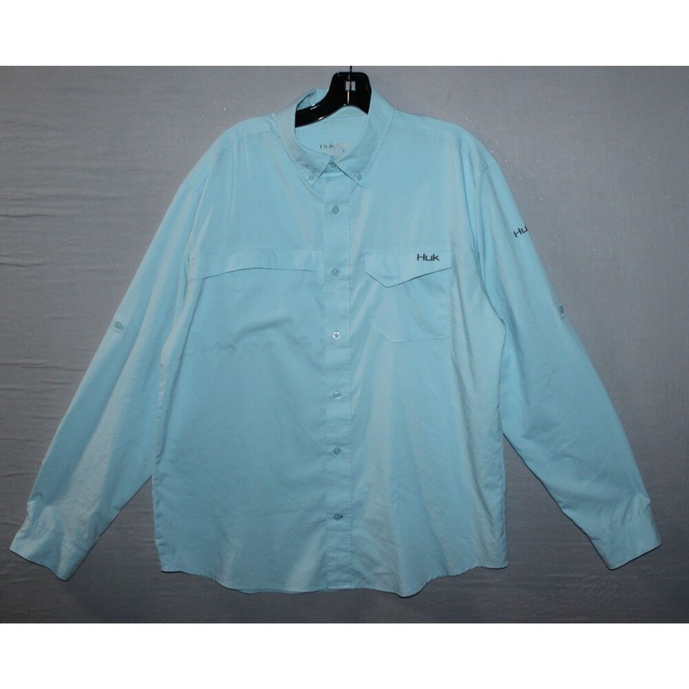 HUK Performance Fabrics Men's Button Down Fishing Shirt Large Long Sleeve Aqua